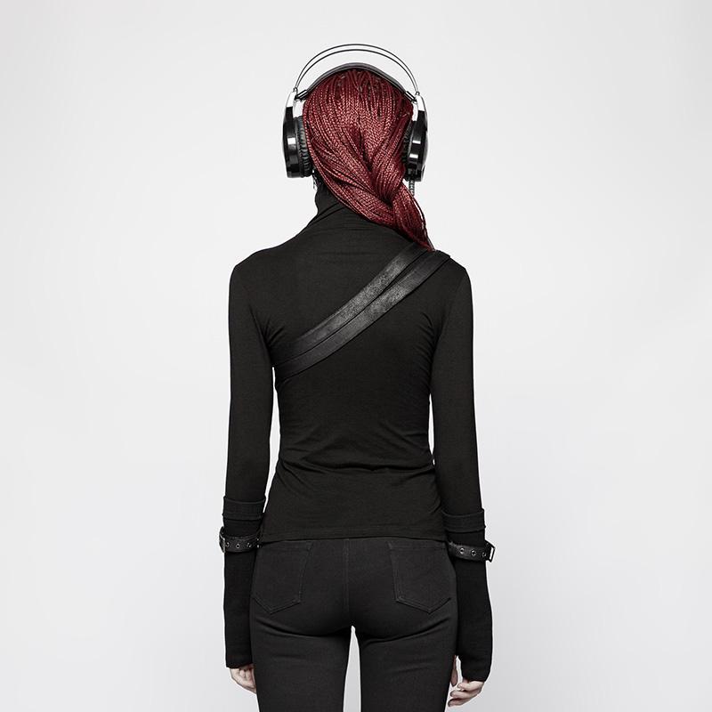 Women's Punk Turtleneck Side Zip Long Sleeved T-shirt With Straps