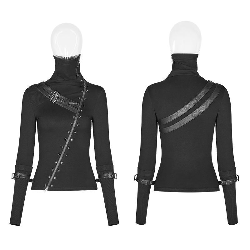 Women's Punk Turtleneck Side Zip Long Sleeved T-shirt With Straps