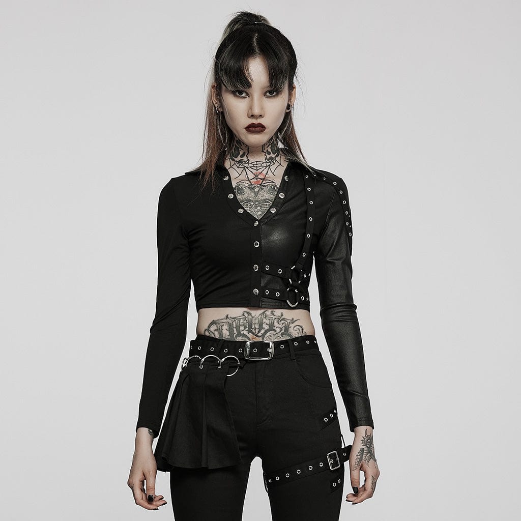 PUNK RAVE Women's Punk V-neck Splice Rivets Long Sleeved Crop Top