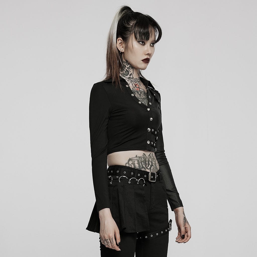 PUNK RAVE Women's Punk V-neck Splice Rivets Long Sleeved Crop Top