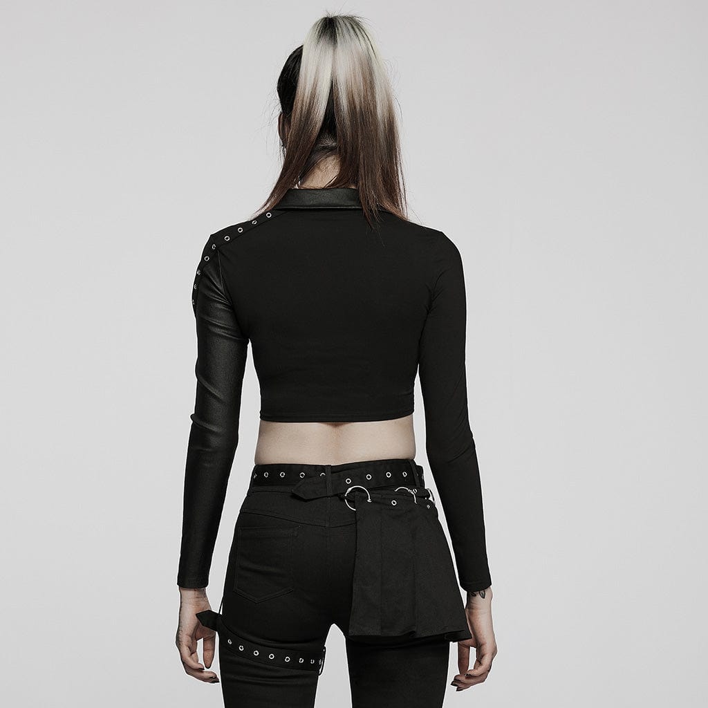 PUNK RAVE Women's Punk V-neck Splice Rivets Long Sleeved Crop Top