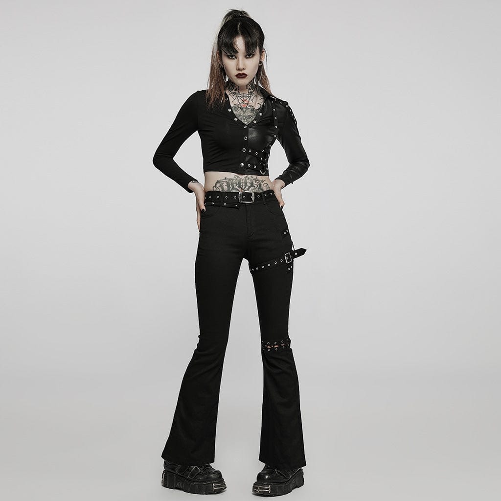 PUNK RAVE Women's Punk V-neck Splice Rivets Long Sleeved Crop Top