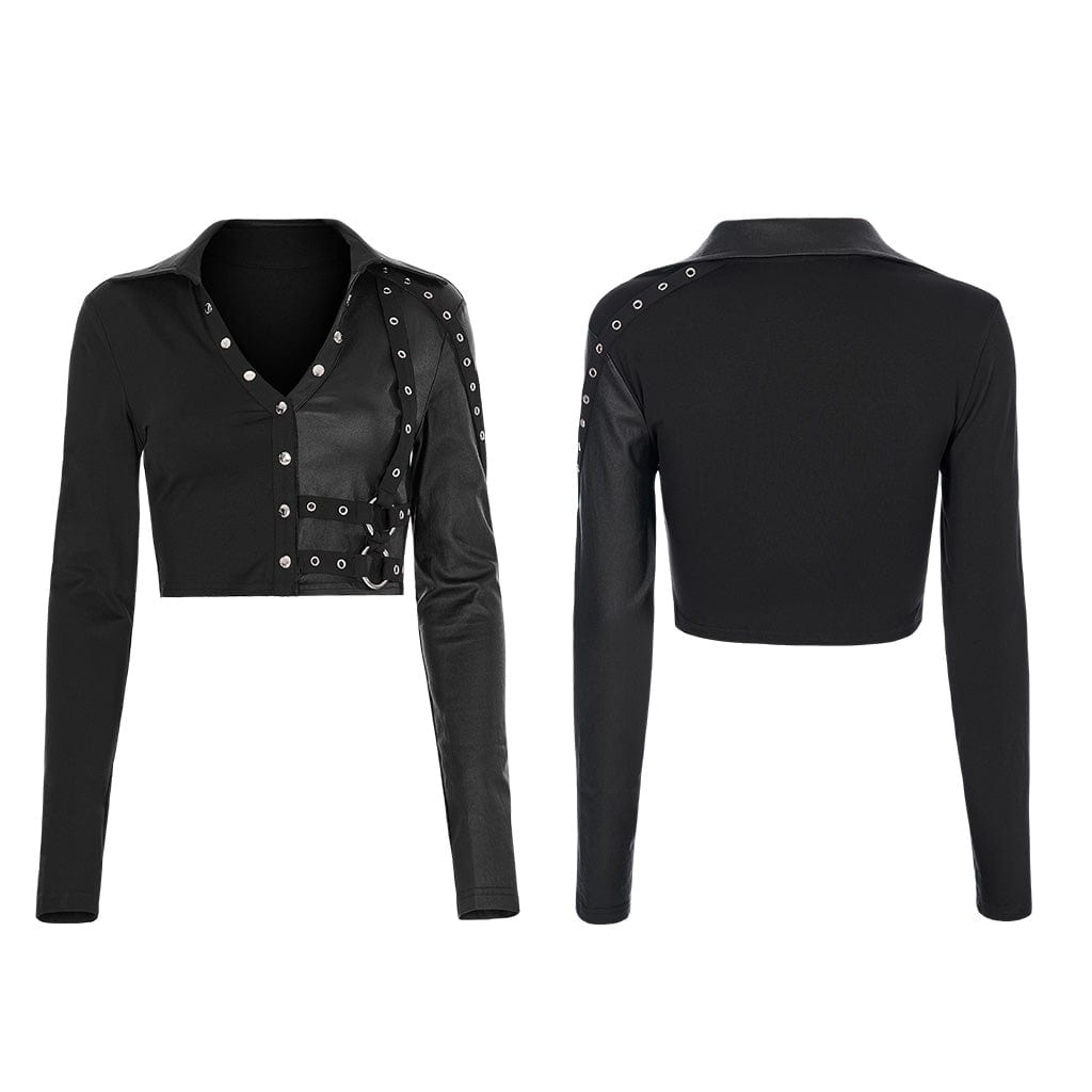 PUNK RAVE Women's Punk V-neck Splice Rivets Long Sleeved Crop Top