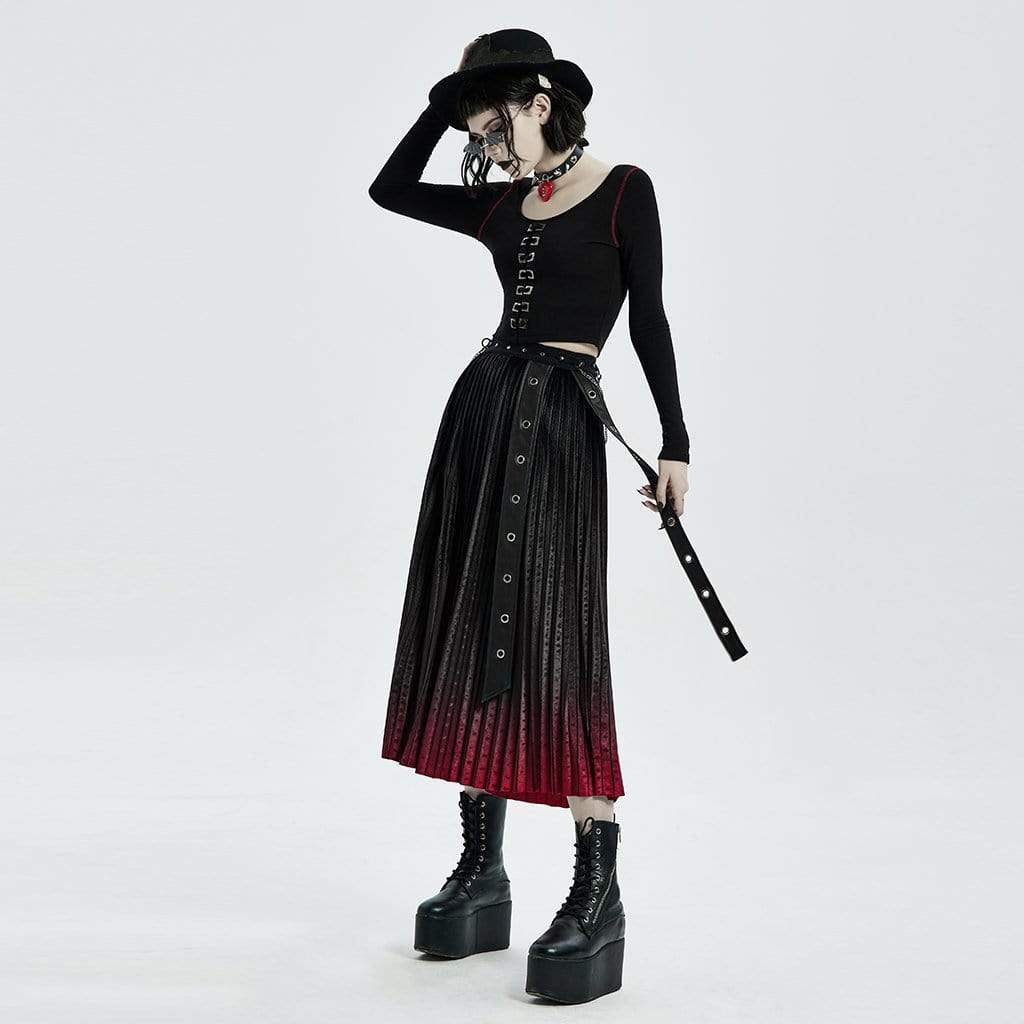 Women's Punk Velet Mid-length Pleated Skirts with Belts