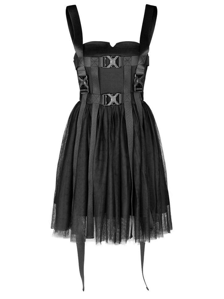 Women's Sashes Mesh Hem Suspender Dresses