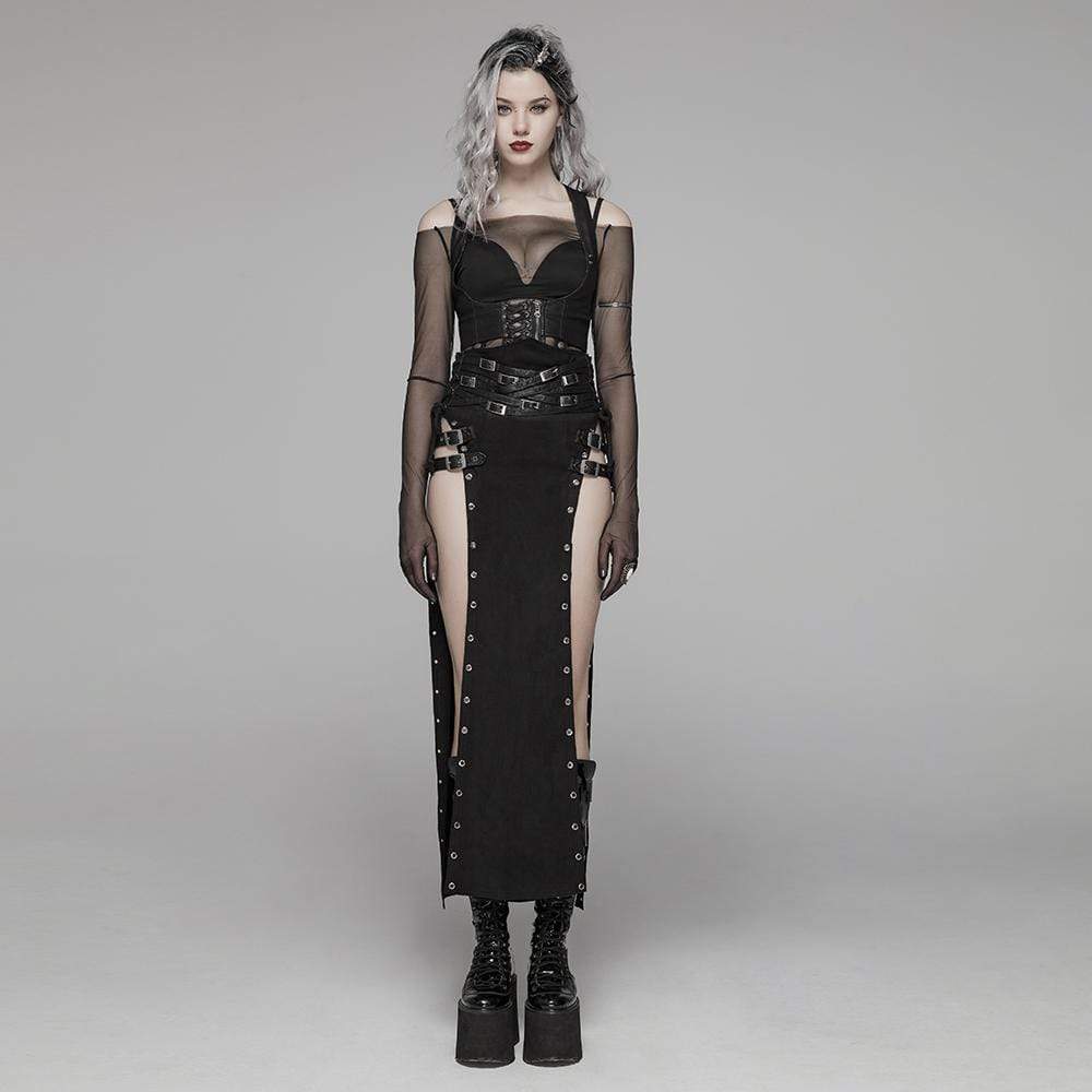 Women's Steampunk Buckle Up Side Slit Maxi Skirt