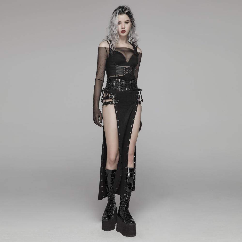 Women's Steampunk Buckle Up Side Slit Maxi Skirt