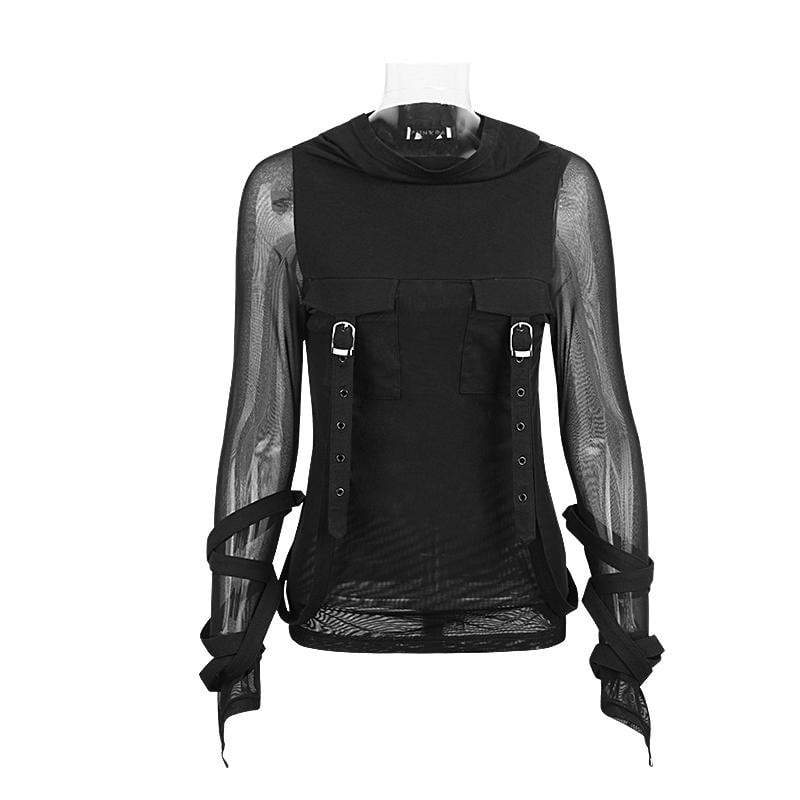 Women's Straps Hooded Mesh Tops