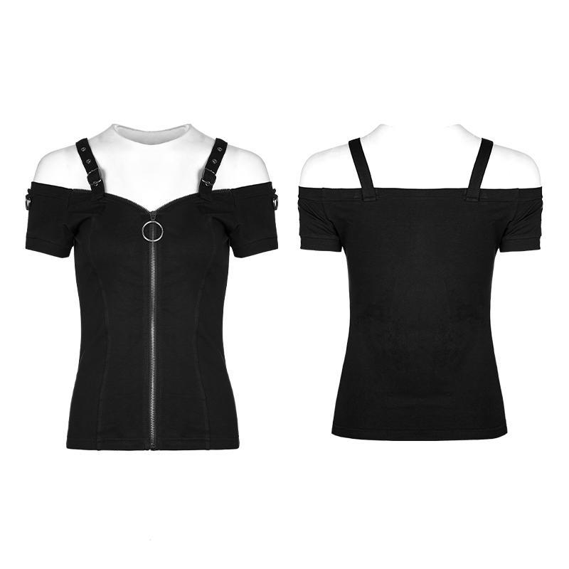 Women's Punk Off the Shoulder Slim Fitted Zipper T-shirt