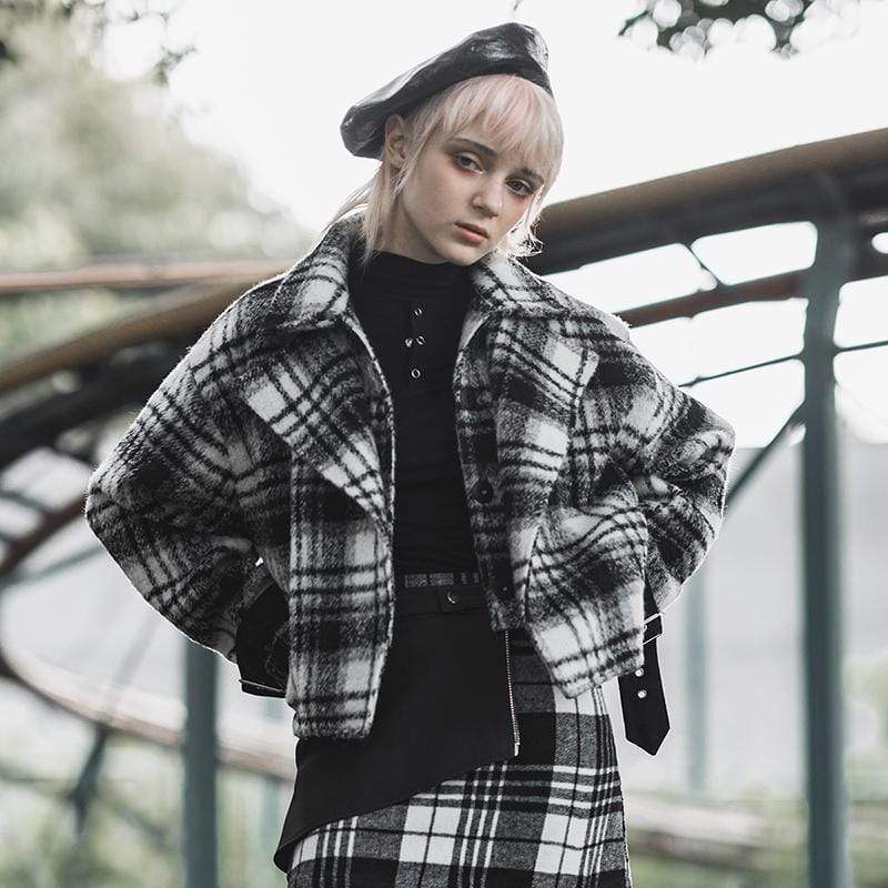 Women's Turn-down Collar Black&Wite Plaid Wollen Jacktes