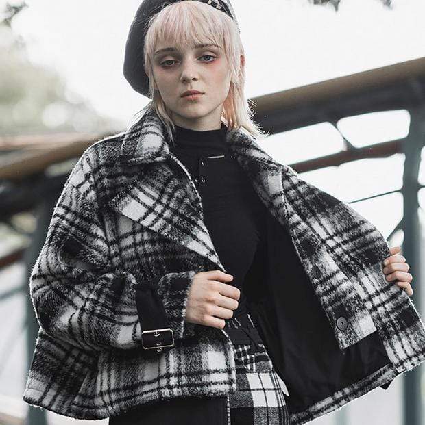 Women's Turn-down Collar Black&Wite Plaid Wollen Jacktes