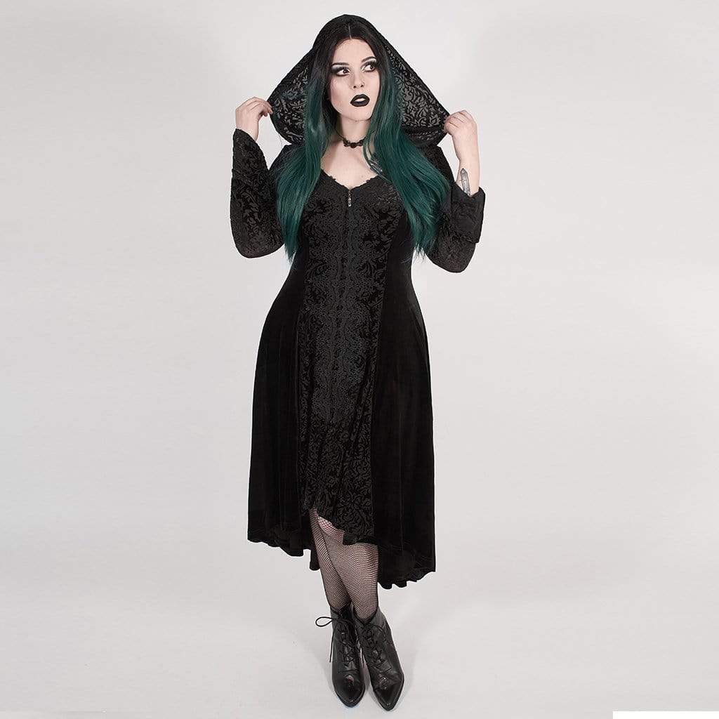 Women's Victorian Gothic Black Velvet and Lace Hooded Long Coat