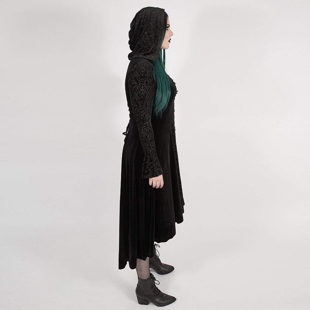 Women's Victorian Gothic Black Velvet and Lace Hooded Long Coat