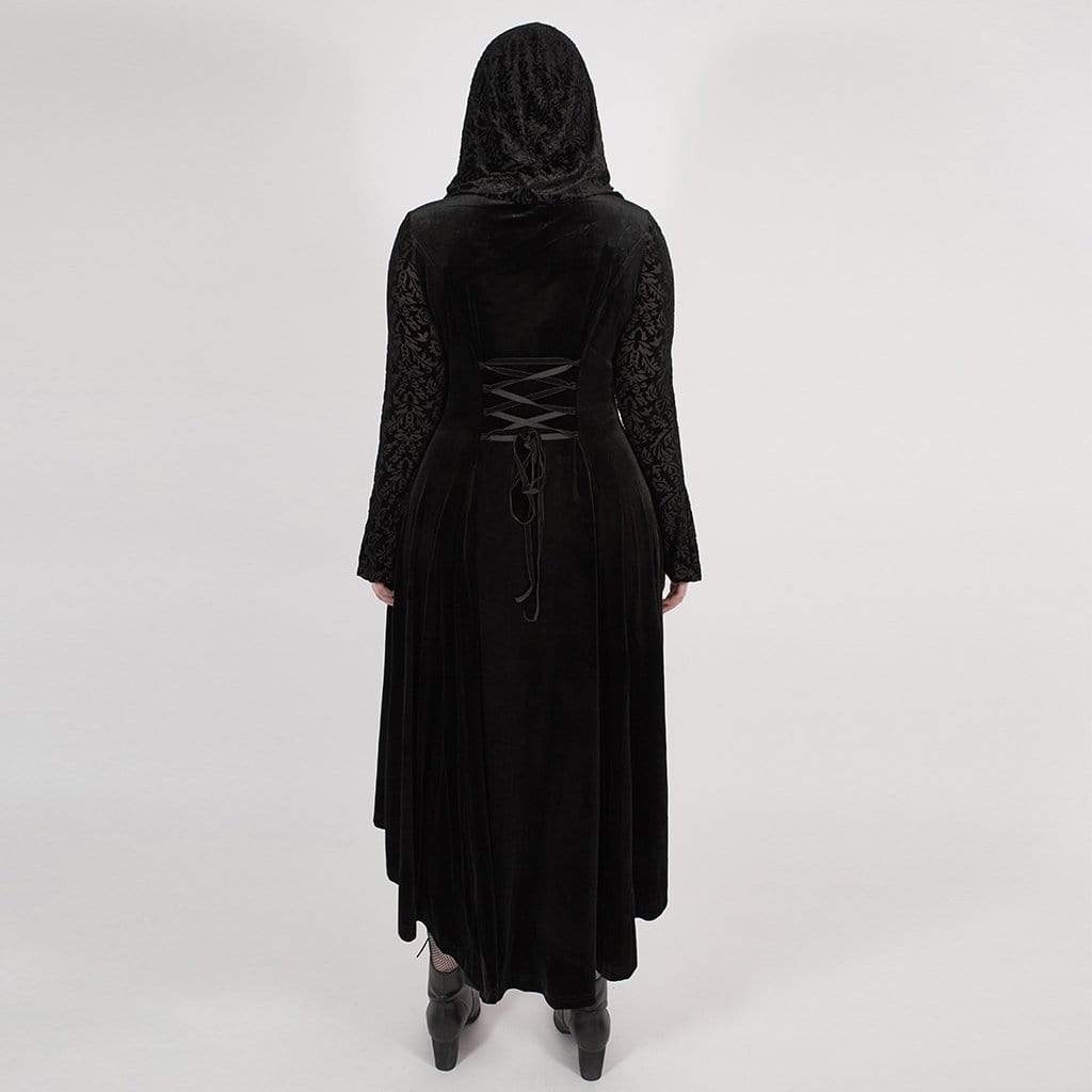 Women's Victorian Gothic Black Velvet and Lace Hooded Long Coat