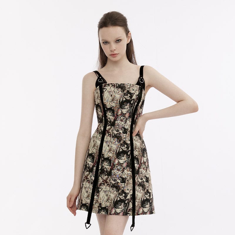 PUNK RAVE Women's Vintage Strappy Cat Printed Slip Dress