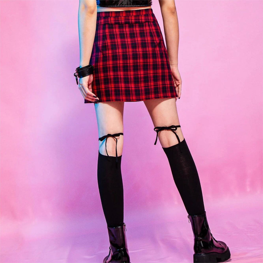 RNG Women's Grunge Cutout Buckle Plaid Skirt