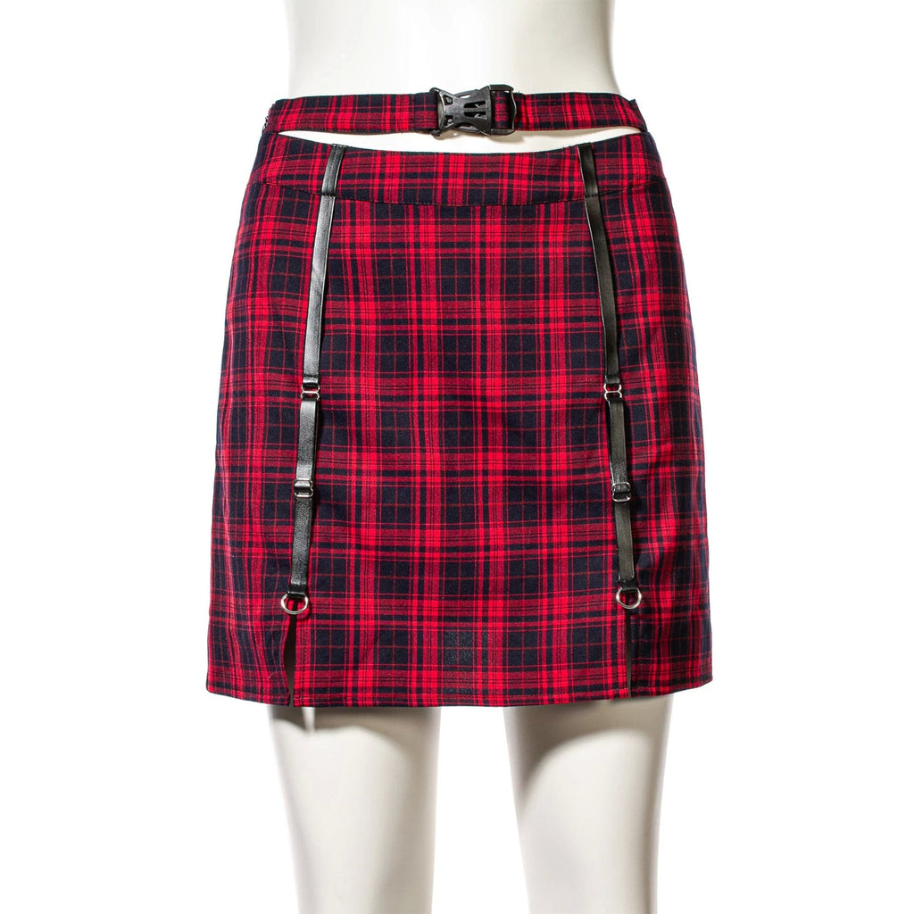 RNG Women's Grunge Cutout Buckle Plaid Skirt