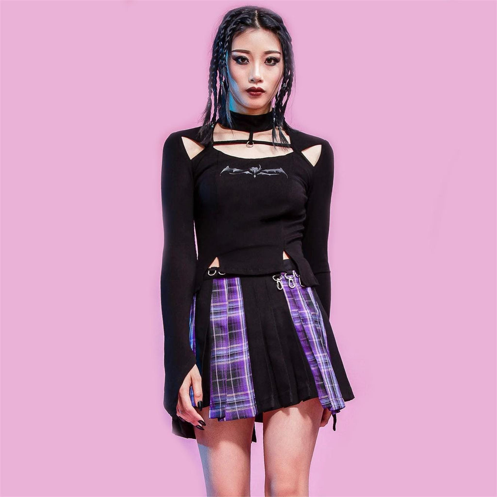 RNG Women's Grunge Irregular Plaid Splice Pleated Skirt Purple