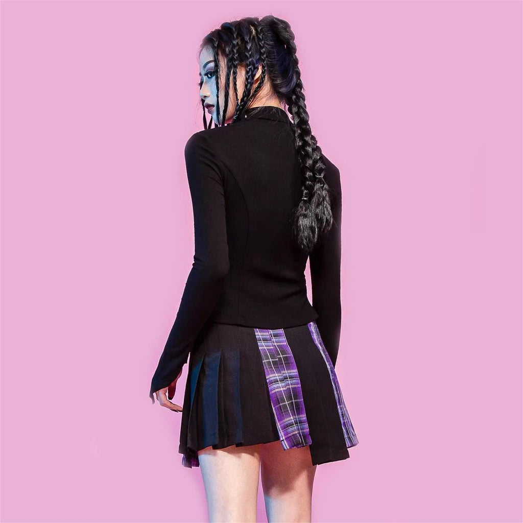 RNG Women's Grunge Irregular Plaid Splice Pleated Skirt Purple