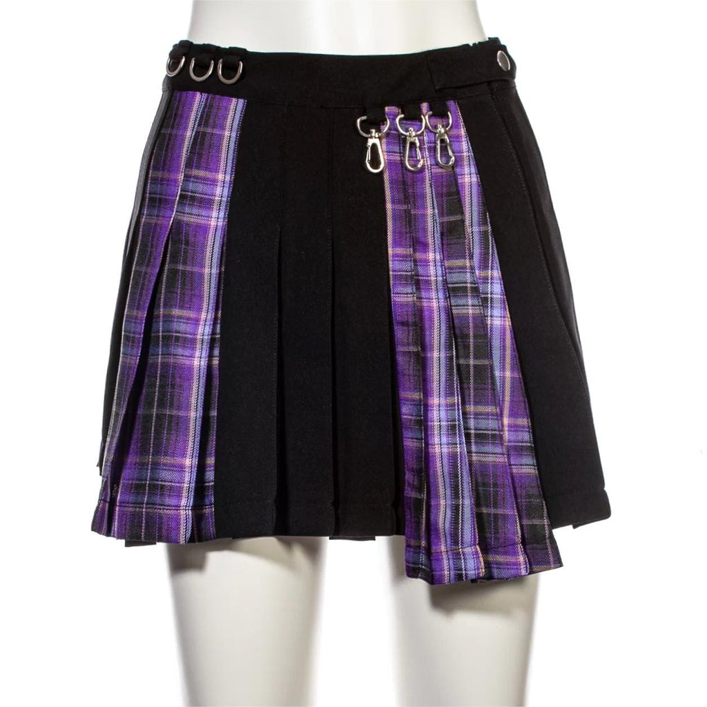 RNG Women's Grunge Irregular Plaid Splice Pleated Skirt Purple