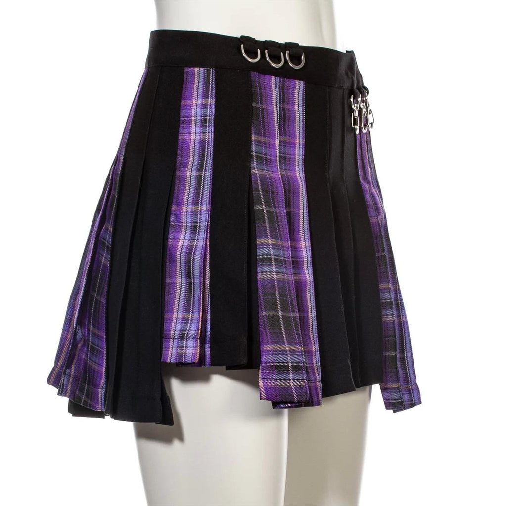 RNG Women's Grunge Irregular Plaid Splice Pleated Skirt Purple