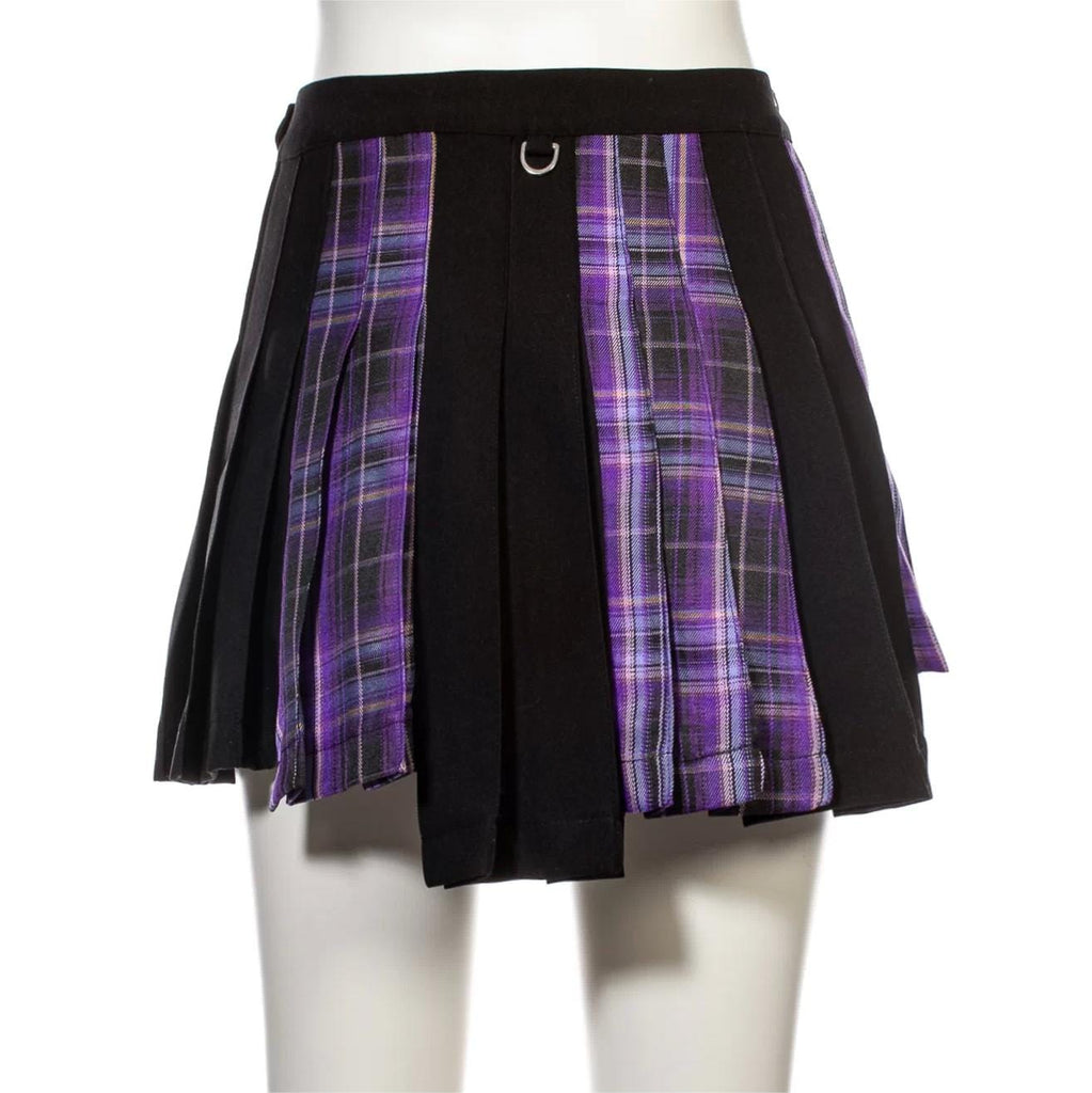 RNG Women's Grunge Irregular Plaid Splice Pleated Skirt Purple