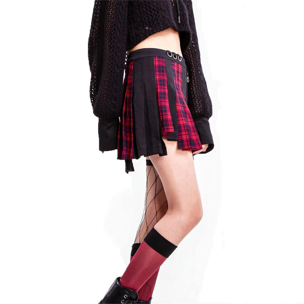 RNG Women's Grunge Irregular Plaid Splice Pleated Skirt Red