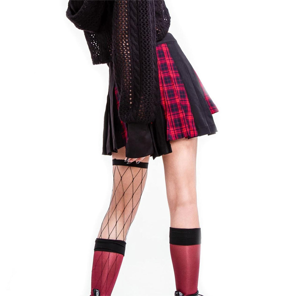 RNG Women's Grunge Irregular Plaid Splice Pleated Skirt Red