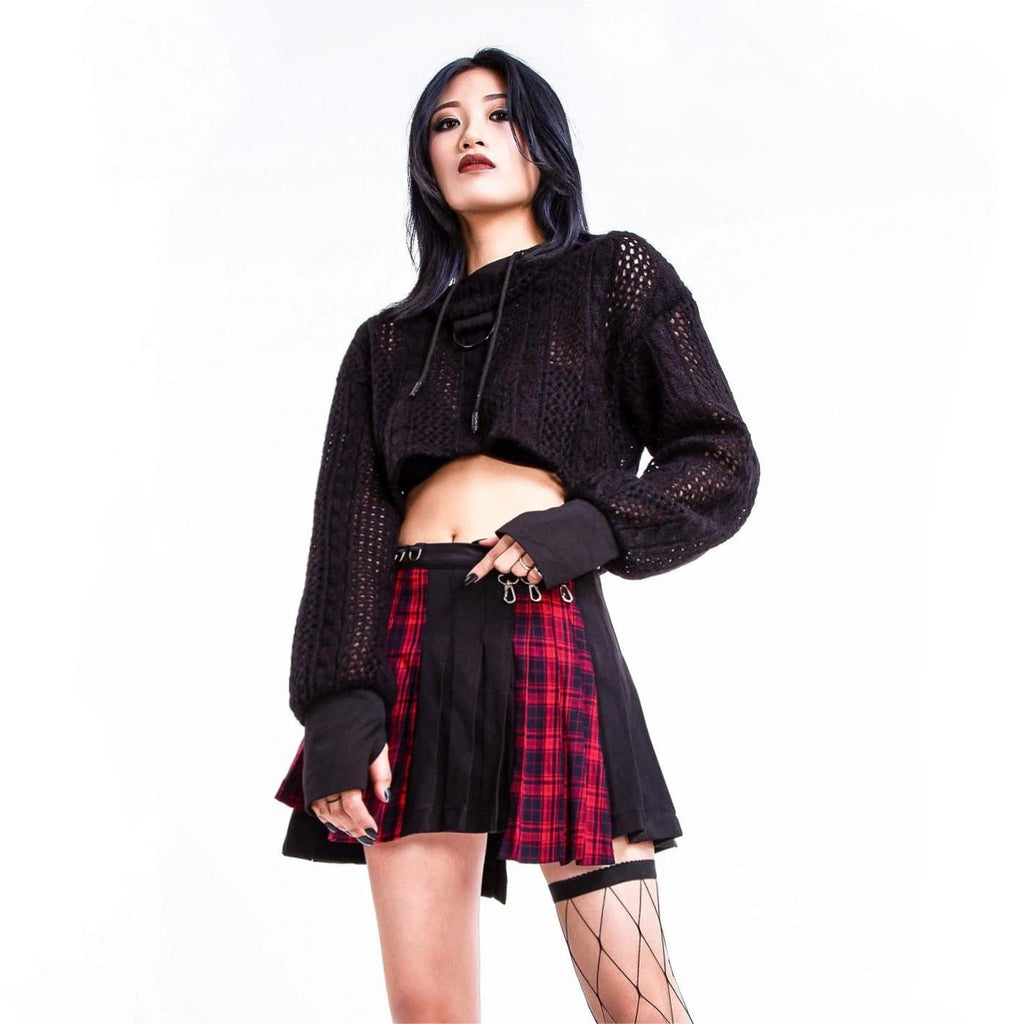 RNG Women's Grunge Irregular Plaid Splice Pleated Skirt Red