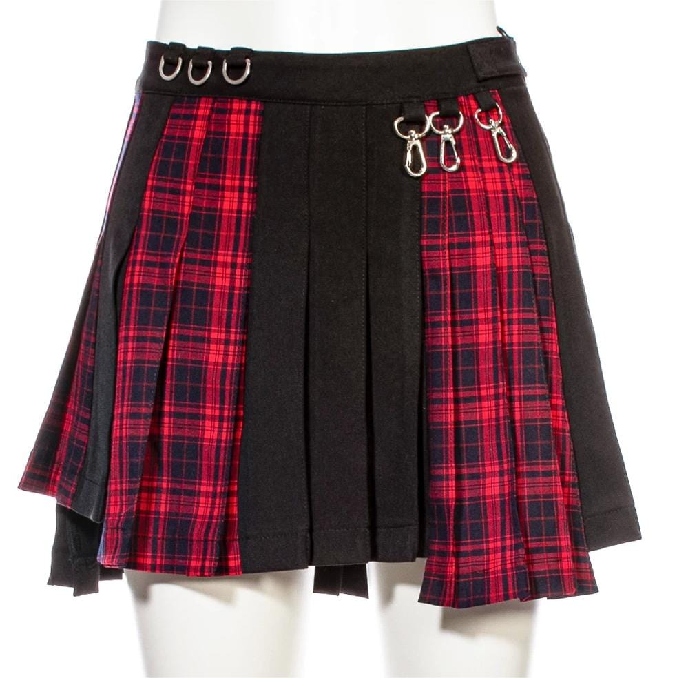 RNG Women's Grunge Irregular Plaid Splice Pleated Skirt Red