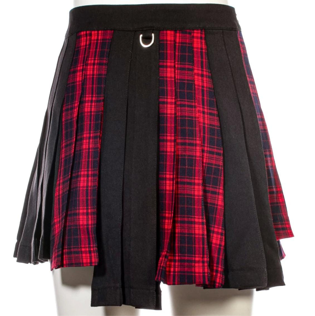 RNG Women's Grunge Irregular Plaid Splice Pleated Skirt Red