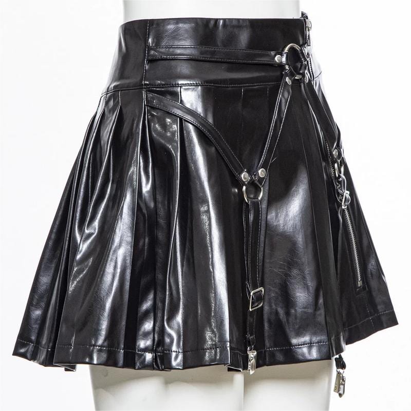 RNG Women's Punk Faux Leather Pleated Skirt