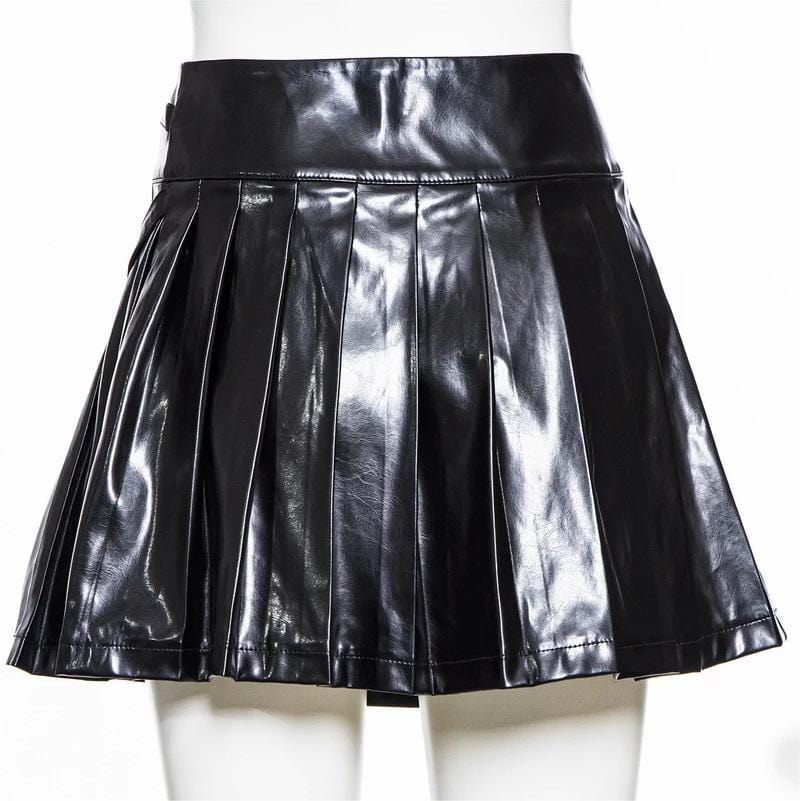 RNG Women's Punk Faux Leather Pleated Skirt