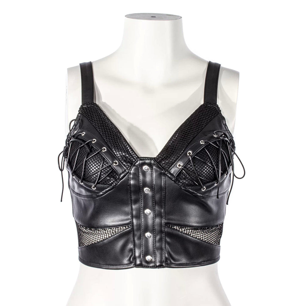 RNG Women's Punk Mesh Splice Faux Leather Vest