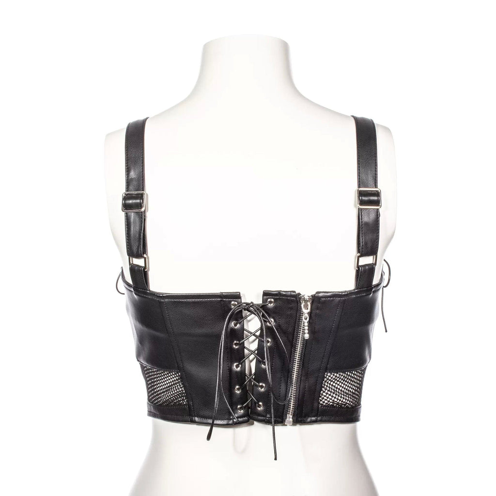 RNG Women's Punk Mesh Splice Faux Leather Vest