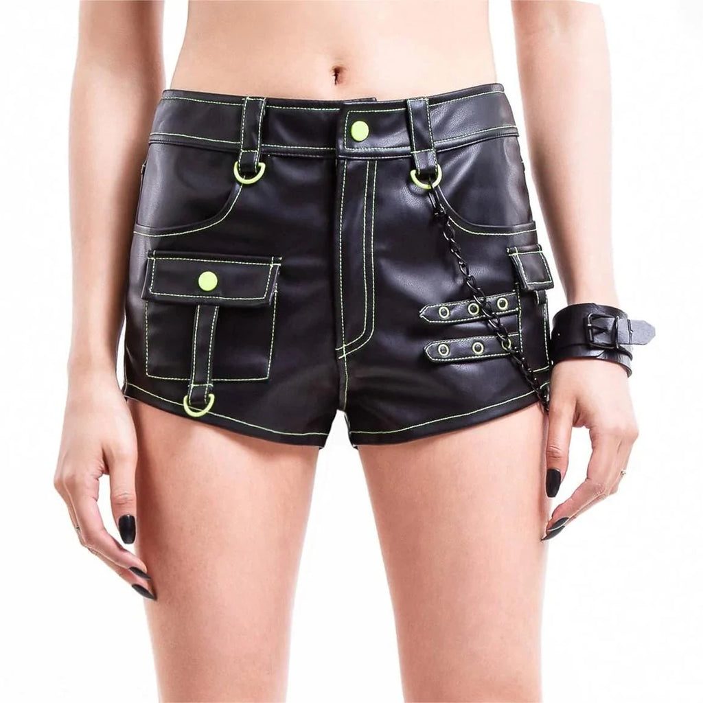 RNG Women's Punk Multi-Pocket Faux Leather Shorts