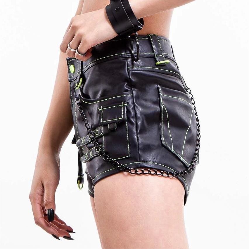 RNG Women's Punk Multi-Pocket Faux Leather Shorts