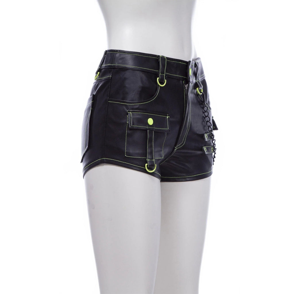 RNG Women's Punk Multi-Pocket Faux Leather Shorts