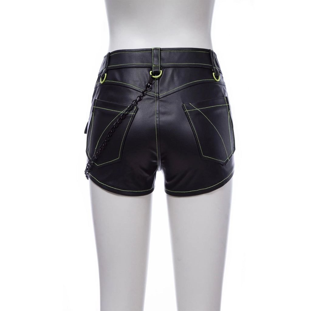 RNG Women's Punk Multi-Pocket Faux Leather Shorts