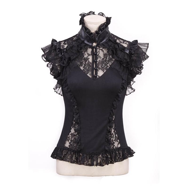 Women's Cap Sleeve Vintage Lace High Collar Top
