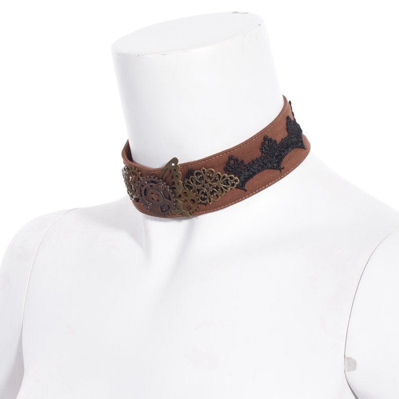 RQ-BL Women's Steampunk Gear Splice Floral Embroidered Choker