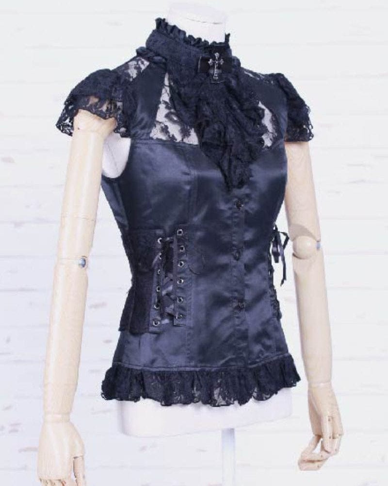 RQ-BL Women's Steampunk Strappy Lace Splice Shirt with Neckwear