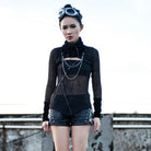 RQ-BL Women's Steampunk Strappy Stand Collar Cutout Knitted Shirt