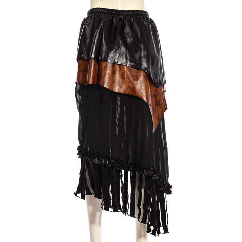 RQ-BL Women's Tiered Faux Leather and Net Steampunk Skirt